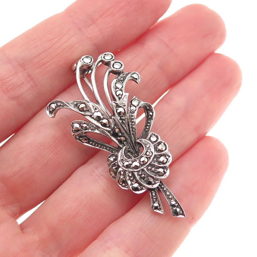 835 Silver Antique Art Deco Real Marcasite Floral Oxidized Pin Brooch